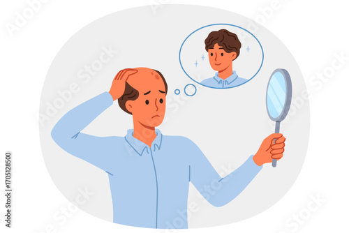 Problem of baldness in man looking in mirror and remembering presence of beautiful hair. Guy suffers from baldness due to poor genetics or insufficient intake of vitamins for body.