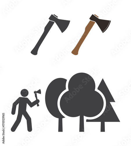 woodcutter  chop with axe tree icon set