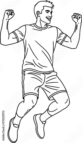 Joyful man celebrating with arms raised high in an energetic leap