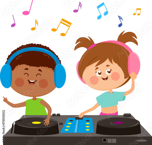 Happy little disc jockey kids party with DJ mixer. Boy and girl musical activity with turntable console and musical notes. Cute DJ Children play music. Vector Illustration