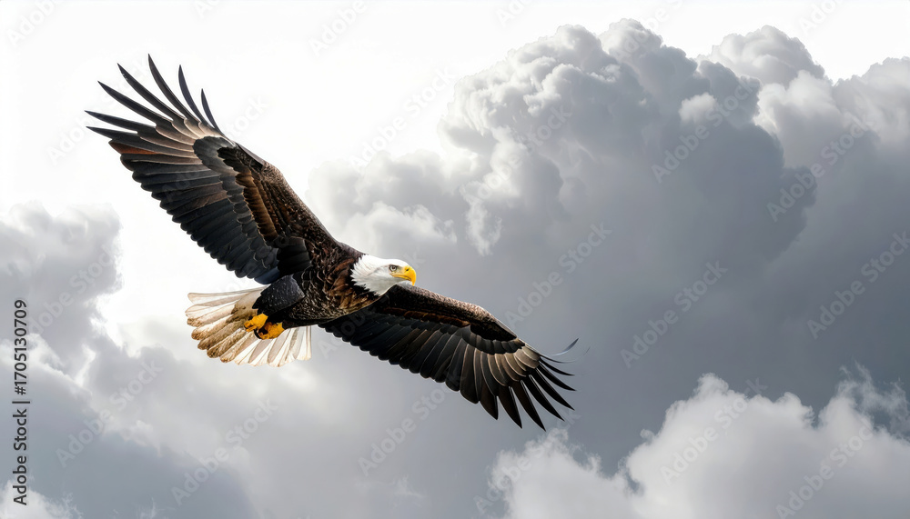 Naklejka premium A Magnificent Bald Eagle in Flight with Wings Spread Wide