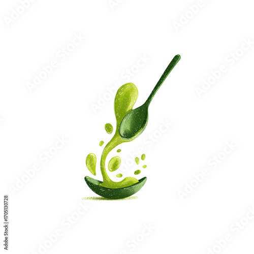 Green liquid pouring from a spoon into a bowl.  Abstract stylized design
