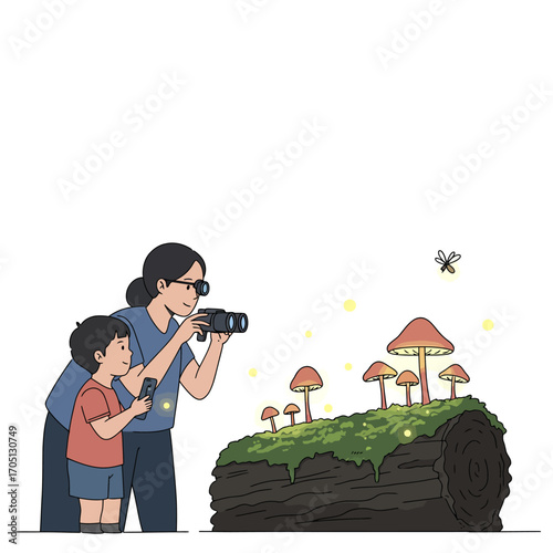 Generational Nature Discovery: Parent and Child Observing Wildlife Vector Illustration