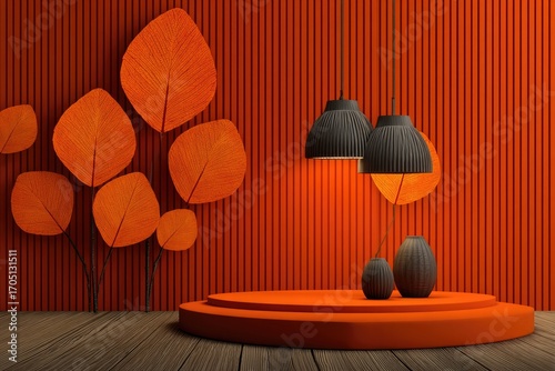 Orange room with leaves, dark lamps, and podium