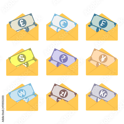 Envelopes with global currency notes. Vector icons isolated on white