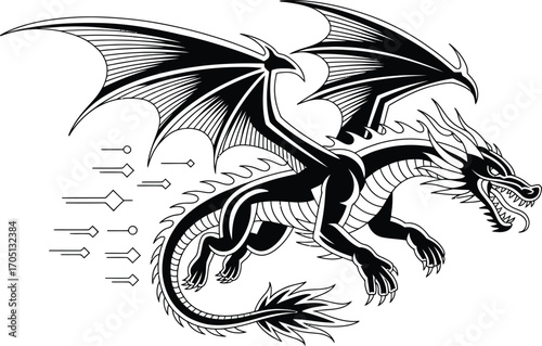Black dragon with wings and motion lines white flying