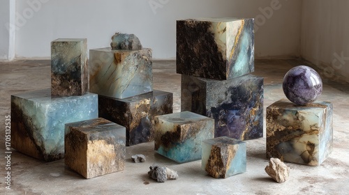 Stacked, sculpted resin cubes, varied colors