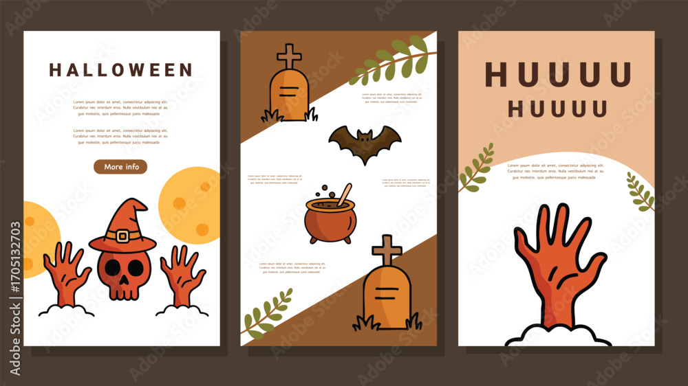 Fototapeta premium Halloween invitation with tombstones skulls cauldron and rising hand