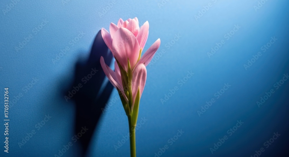 Fototapeta premium Delicate pink flower with sharp shadow against a stark blue background
