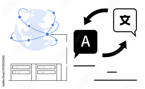 Globe with networking lines connected to servers. Two speech bubbles with translation arrows. Ideal for globalization, technology, networking, AI, communication, translation, simple landing page