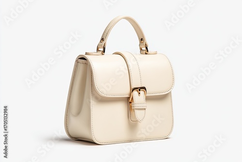 Cream leather satchel bag with gold clasp, top handle, and structured shape, photographed against a white background
