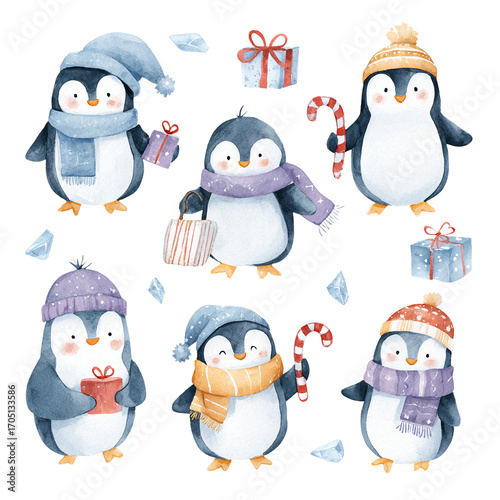 Cute Christmas Penguins in Winter Hats and Scarves with Gifts and Candy Canes Watercolor Illustration