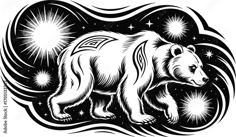 Obraz premium Black and white illustration of a bear walking under starry sky
