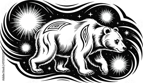 Black and white illustration of a bear walking under starry sky