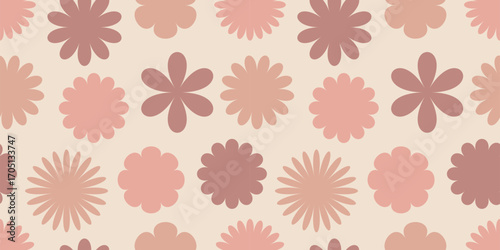 Seamless retro inspired floral pattern with muted pink and dusty rose flowers on a beige background. Stylish and warm design ideal for vintage prints, packaging, and home decor projects
