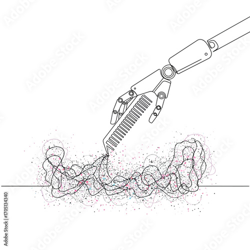 AI-Driven Clarity Vector Illustration: Robotic Arm Systematically Organizing Complex Data Chaos