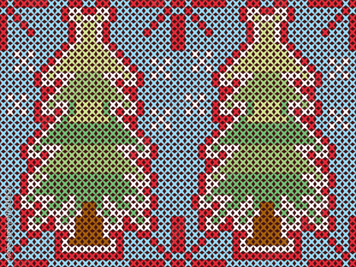 A festive cross-stitch pine tree with red ribbon and snowy decorations, symbolizing winter and Christmas cheer.