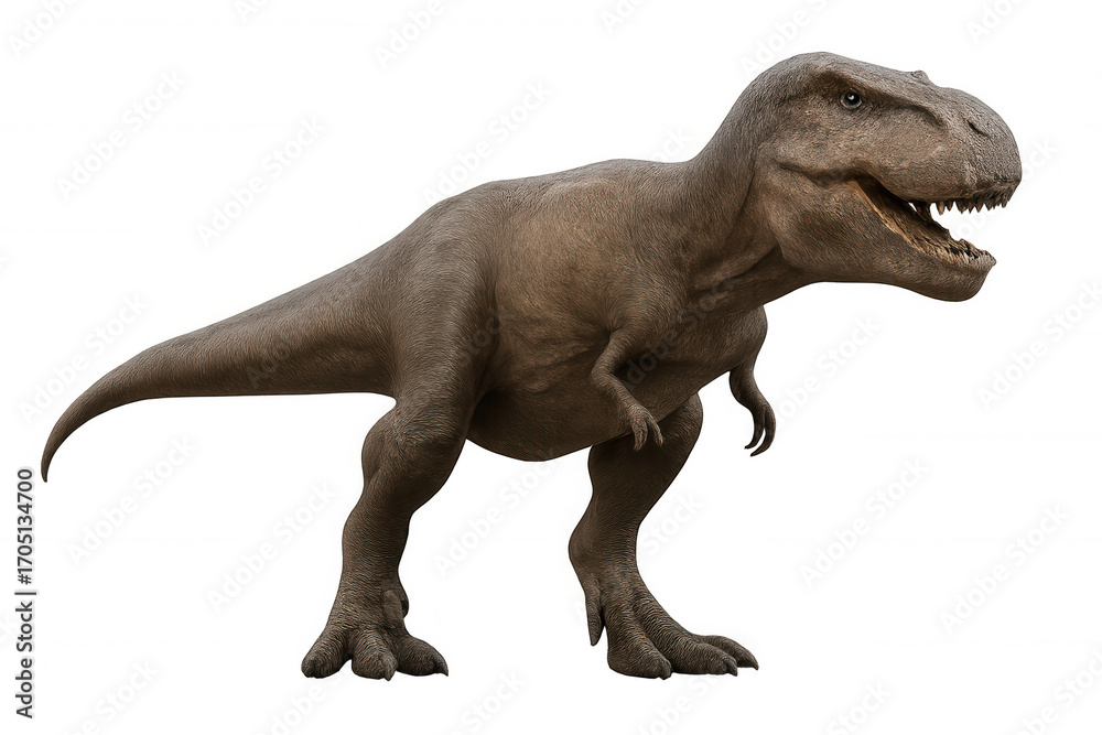Fototapeta premium Fierce tyrannosaurus rex standing with muscular predatory physique, detailed 3d rendering revealing prehistoric predator's menacing profile