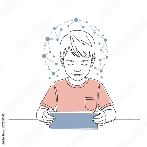 Focused Young Boy Absorbed in Digital Learning with Tablet Vector Illustration for Cognitive Development