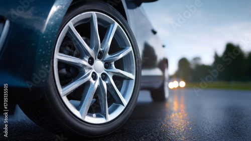 Car wheel close up on wet road with blurred headlights in background as automakers push ev sales before tax credit expires
