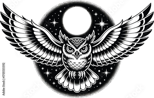 Black and white owl with outstretched wings against starry moon background
