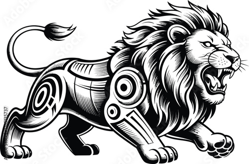 Black and white roaring lion with tribal markings animal