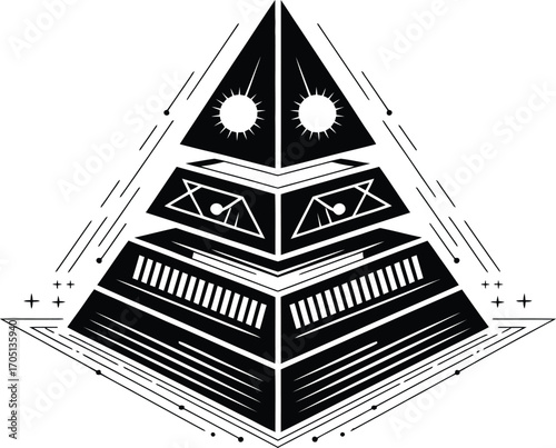 Black geometric pyramid with suns and eyes white abstract