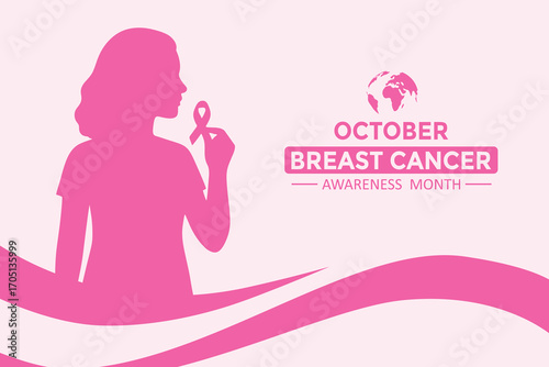 Breast cancer awareness month illustration with women silhouette in the background. Vector Illustration