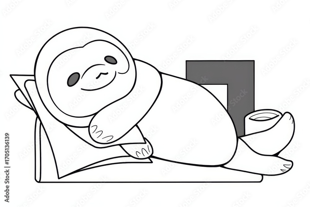 Naklejka premium Cute kawaii sloth sleeping on its back, holding a letter 