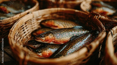 Fresh trout in woven baskets