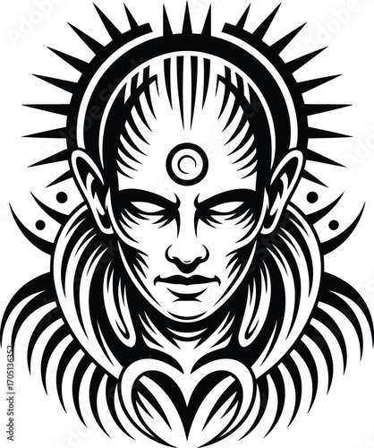 Black tribal face with sun halo and heart design white