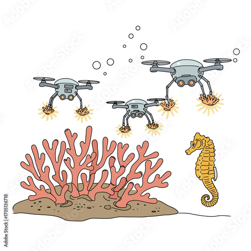 Innovative Oceanographic Vector Illustration: Underwater Drones Monitoring Coral Reef Ecosystems