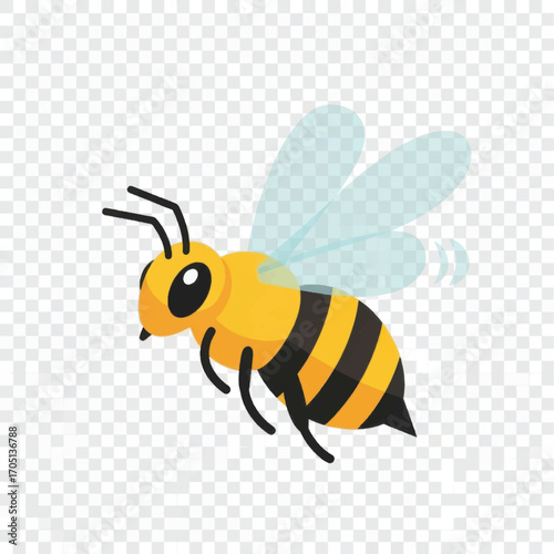 Cartoon bee flying with wings yellow and black stripes.