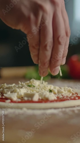 Hand sprinkling cheese over raw pizza with tomato sauce on a wooden surface