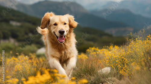 A golden retriever runs across a field of flowers, with mountains in the background 