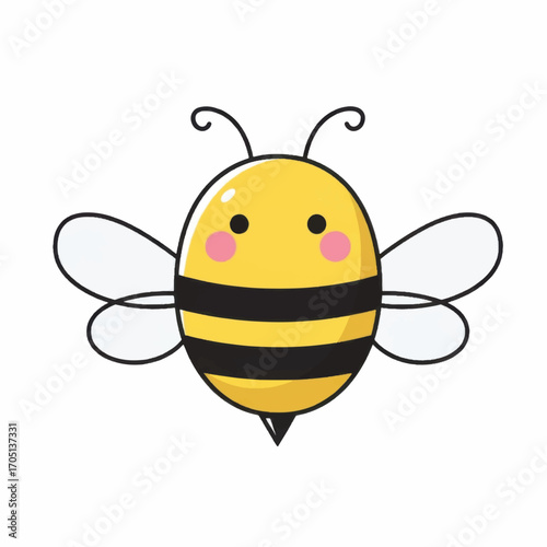 Cute cartoon bee illustration with yellow and black stripes and pink cheeks.