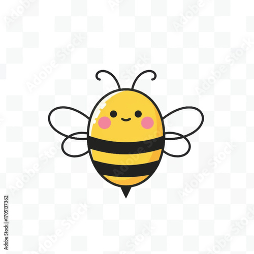 Cute cartoon bee with black stripes and wings.