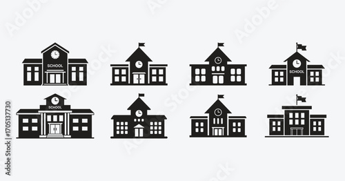 Minimalist Flat School Building Vector Icons Set