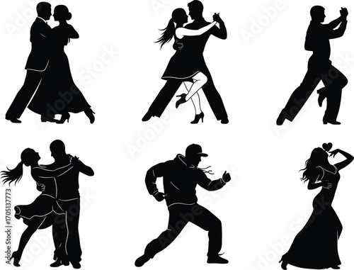 Silhouette dancers in various styles, ballroom, tango, flamenco, hip hop, swing, expressive poses, emotional movement, vector art, black figures, isolated