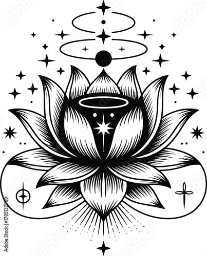 Black and white lotus flower with celestial elements