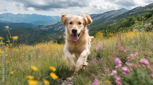 A golden retriever runs across a field of flowers, with mountains in the background 