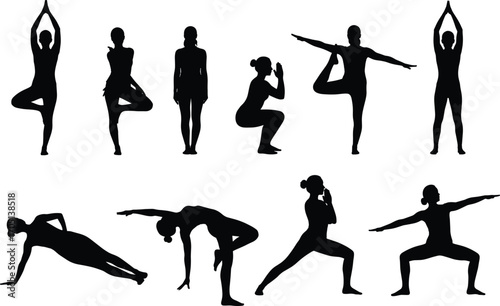 Yoga poses silhouette vector, fitness exercise illustration, meditation posture clipart, black yoga icons, wellness activity design, body balance artwork