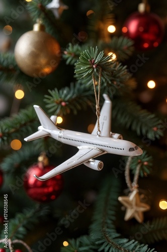 White airplane Christmas ornament hanging on pine branch, symbol of New Year resolutions and travel dreams