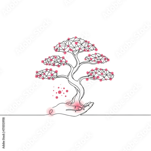Nurturing Digital Innovation Vector Illustration: Hand Supporting Connected Growth for Sustainable Technology and Future Eco-Solutions