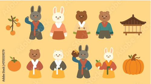 Cute animals in hanbok celebrating chuseok autumn harvest festival