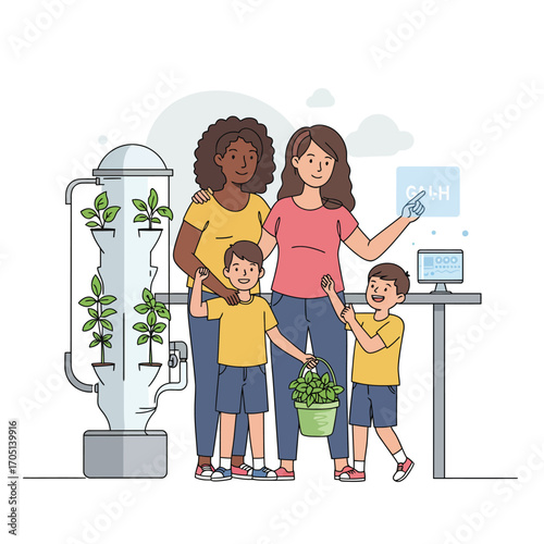 Nurturing a Green Future: Diverse Family Engaging with Smart Hydroponic Farming Technology Vector Illustration