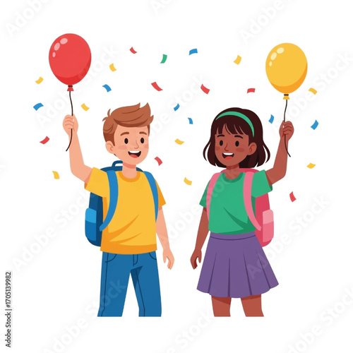 Children Celebrating with Balloons and Confetti