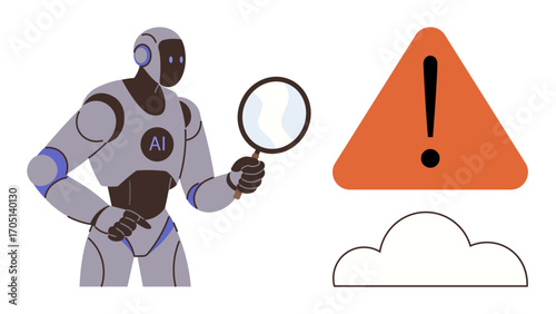 AI robot examines a warning sign using a magnifying glass, symbolizing critical problem-solving in technology, data security, and monitoring. Ideal for innovation, AI research, cloud risks, safety