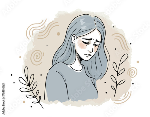 This illustration depicts a sad woman with a watercolor style, complemented by abstract shapes and floral leaves. The artwork conveys emotions of sadness and introspection.