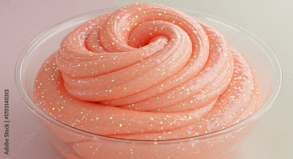 Fototapeta premium A bowl of homemade glitter slime in peach orange colors, sparkles catching light and glossy surface reflecting, playful and artistic